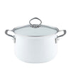 A white enamel porcelain stewpot with a glass lid and stainless steel handles.