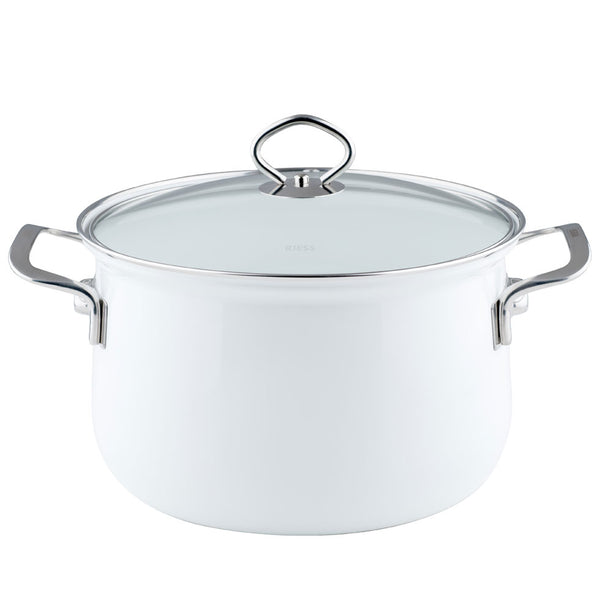 White Riess Enamel Porcelain Stewpot with Glass Lid