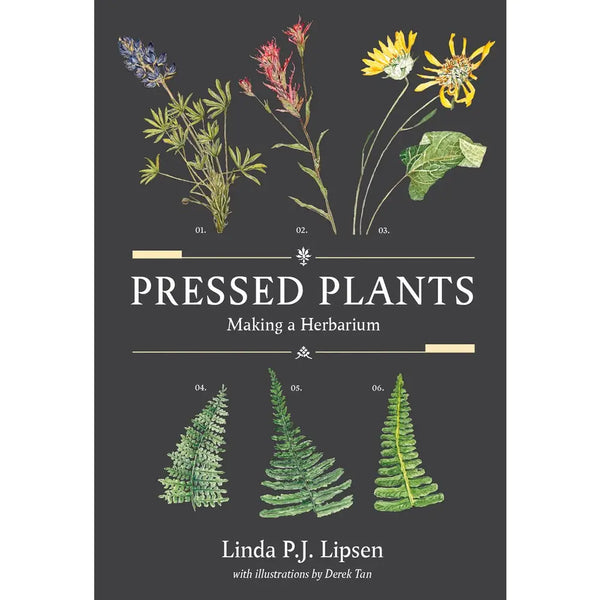 Book cover of 'Pressed Plants: Making a Herbarium' with illustrations of plants on a dark background.