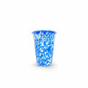 Blue and white patterned cup on a white background
