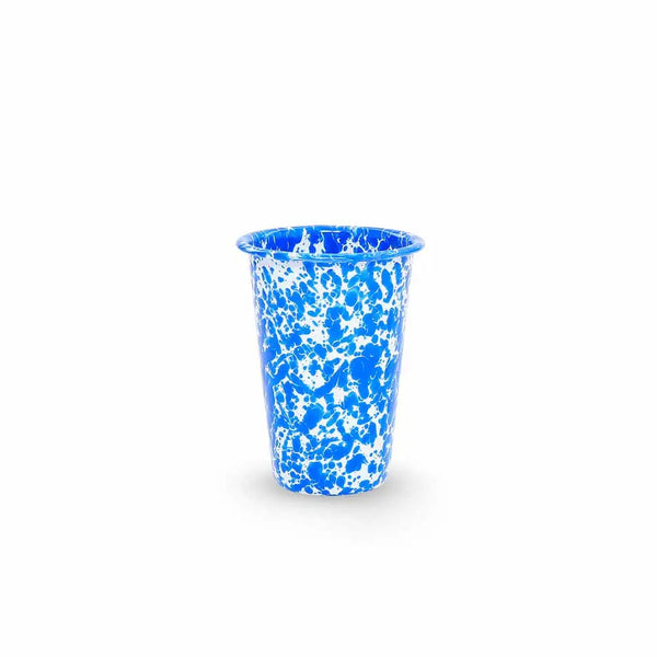 Blue and white patterned cup on a white background