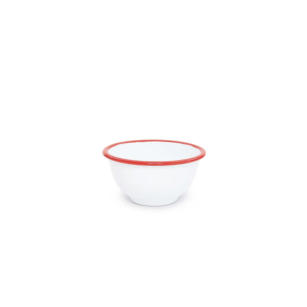 White bowl with red rim on a white background