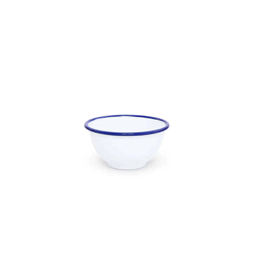 White bowl with blue rim on a white background