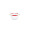 White bowl with red rim on a white background