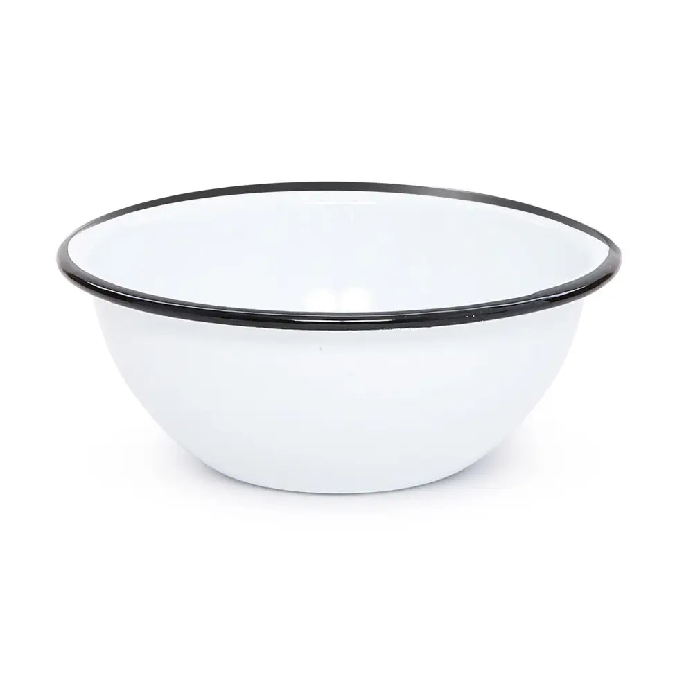 White enamel bowl with black rim on a white background