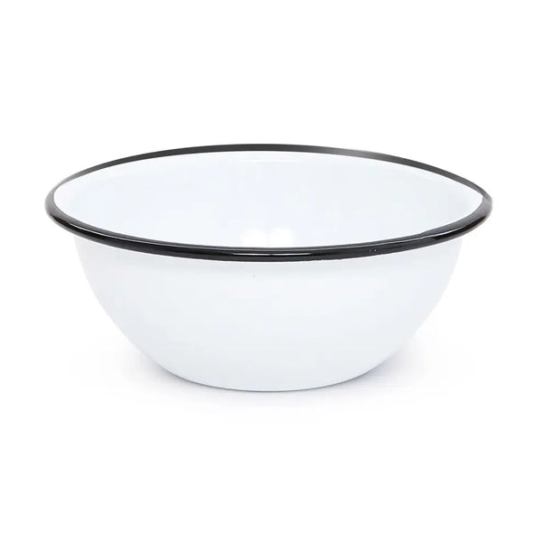 White enamel bowl with black rim on a white background