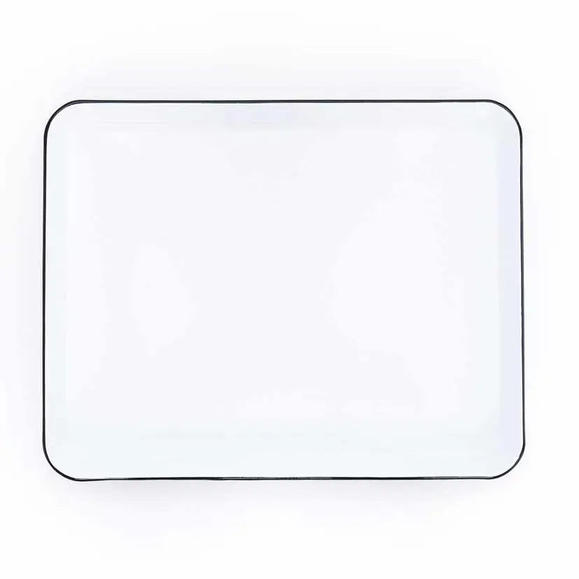 Rectangular enamel tray with black rim on a white background