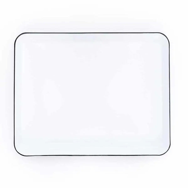 Rectangular enamel tray with black rim on a white background