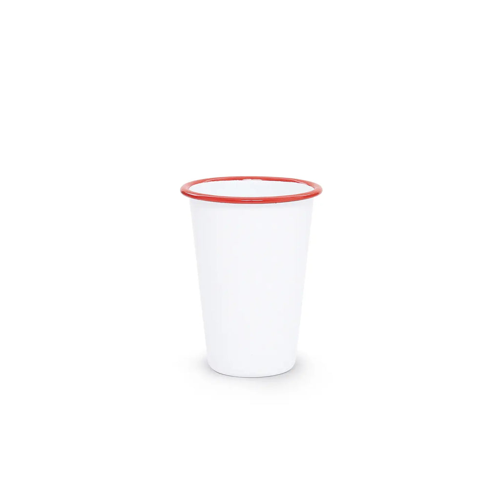 White cup with a red rim on a white background