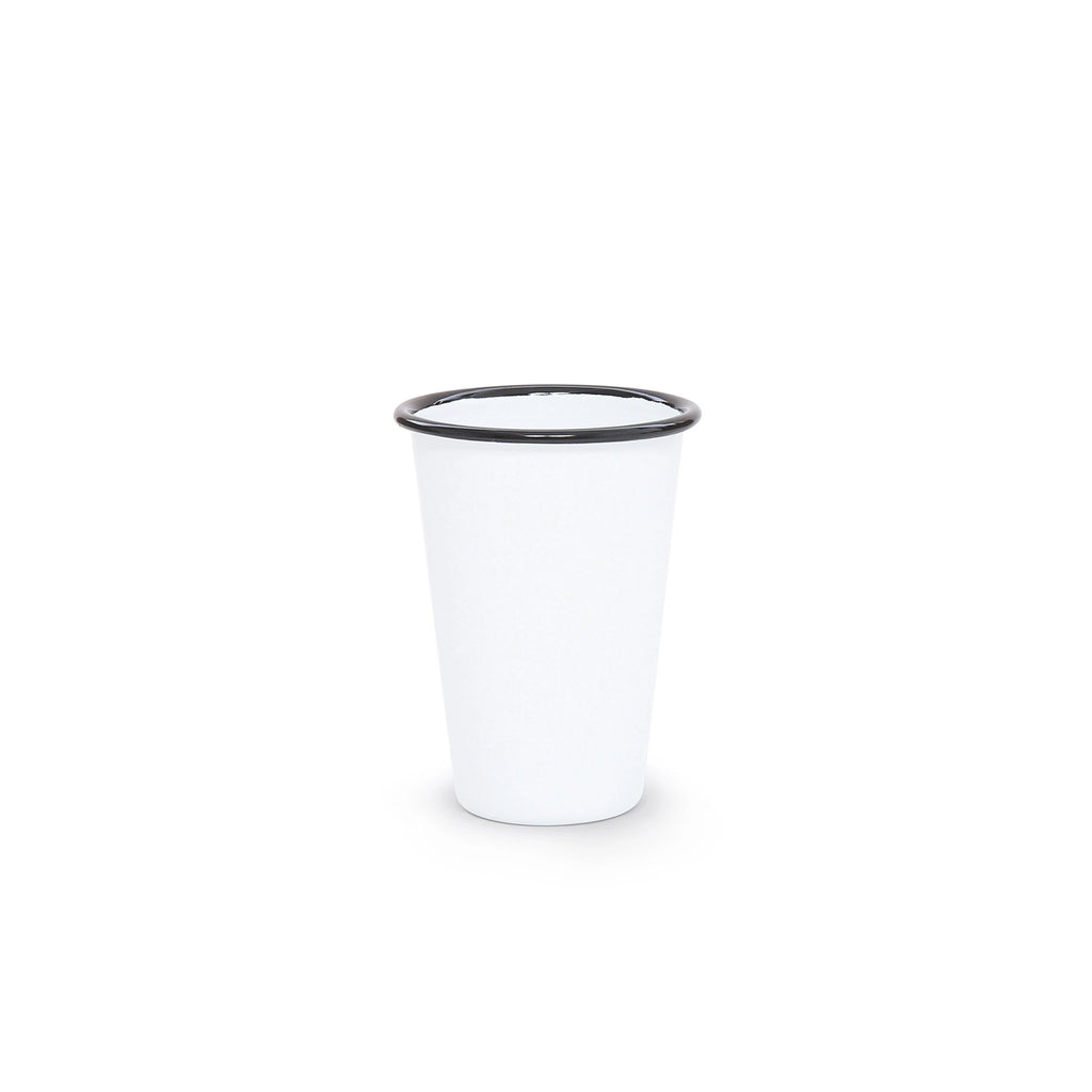 White tumbler with black rim on a white background