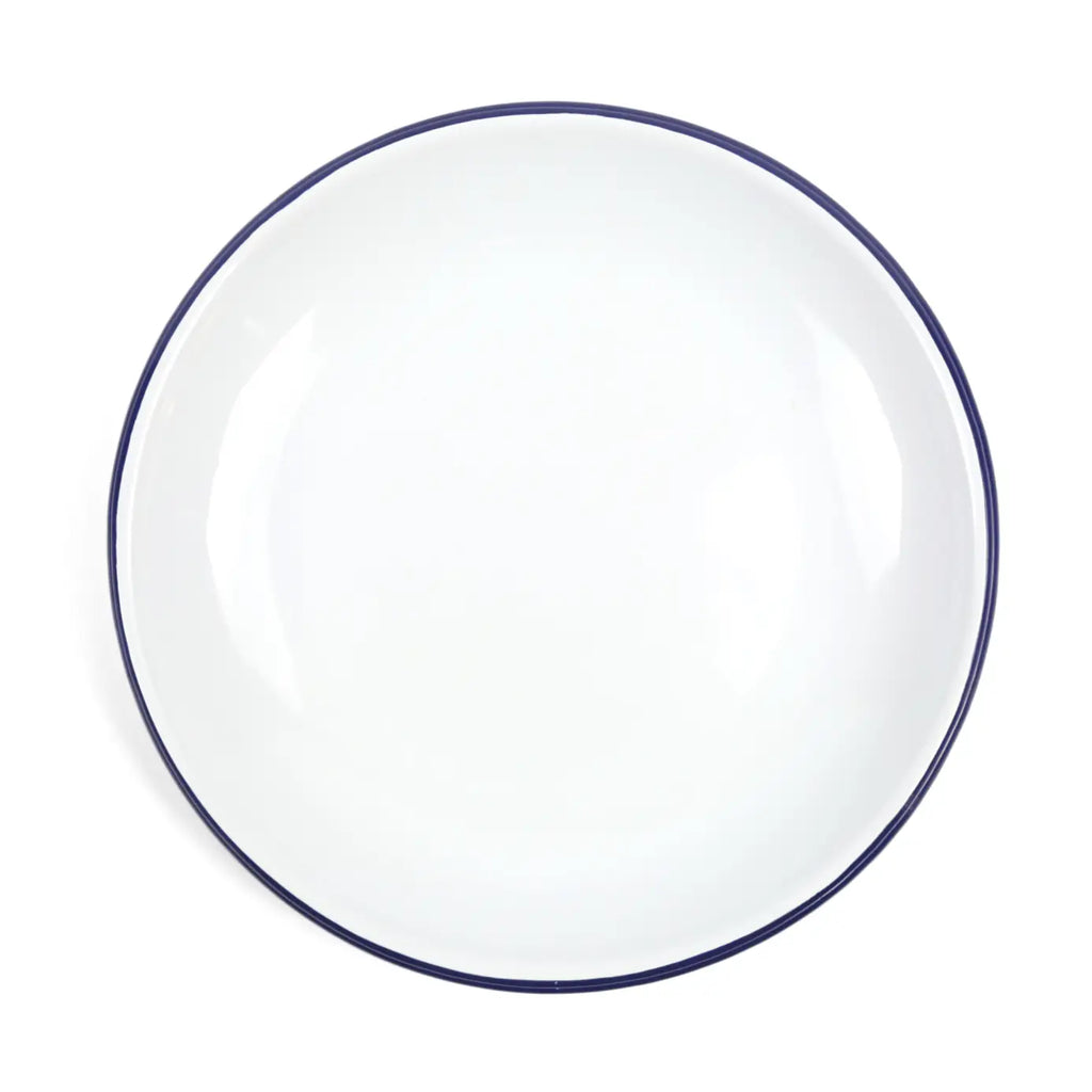 White plate with a blue rim on a white background