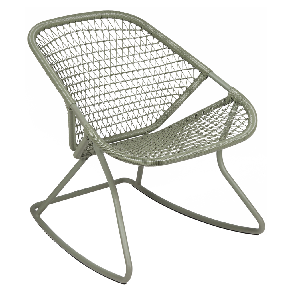 A green aluminum and fiber woven rocking chair.