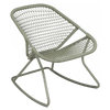 A green aluminum and fiber woven rocking chair.