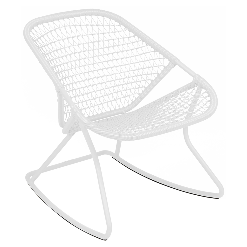 A white aluminum and fiber woven rocking chair.