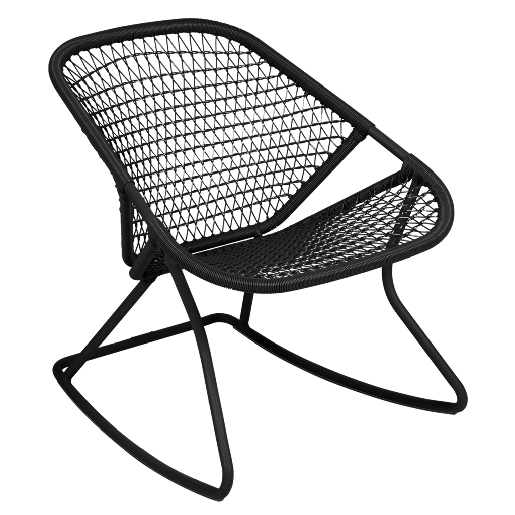 A black aluminum and fiber woven rocking chair.