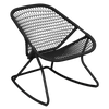 A black aluminum and fiber woven rocking chair.