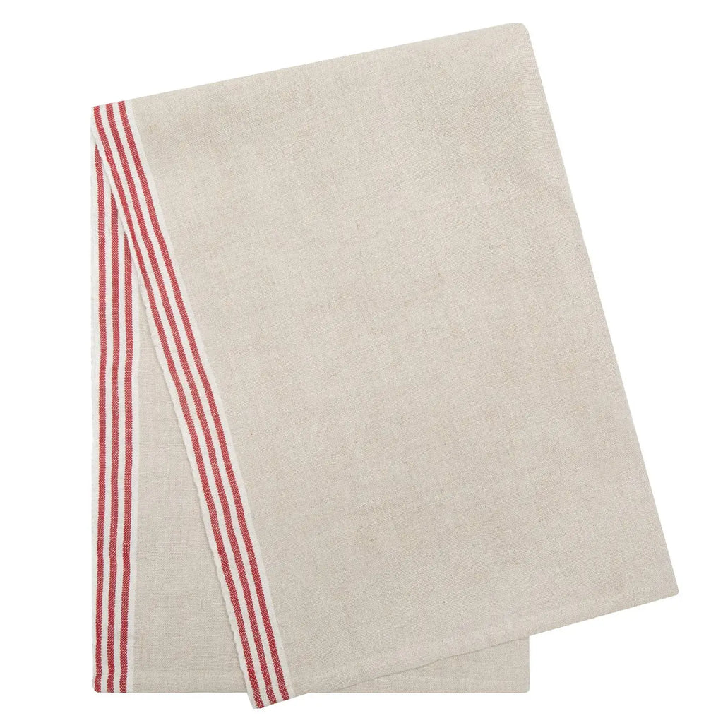 A folded beige linen tea towel with two red stripes along one edge, shown on a plain white background.