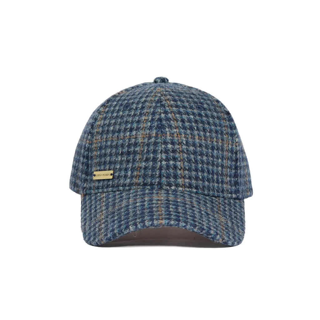 A blue-plaid classic baseball style cap with an adjustable strap, against a white background.
