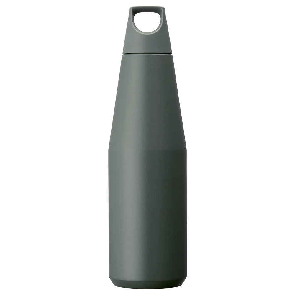 A tall, slender, ash green 36.5 oz. stainless steel Trail Tumbler with a handle on the lid.