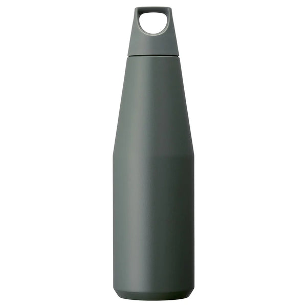 A tall, slender, ash green 36.5 oz. stainless steel Trail Tumbler with a handle on the lid.