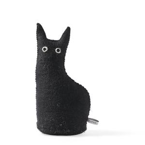 A black wool-filled door stop designed to look like a cat with pebbles inside for weight.