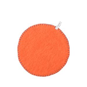 An orange round potholder made of wool with visible stitching around the edge.
