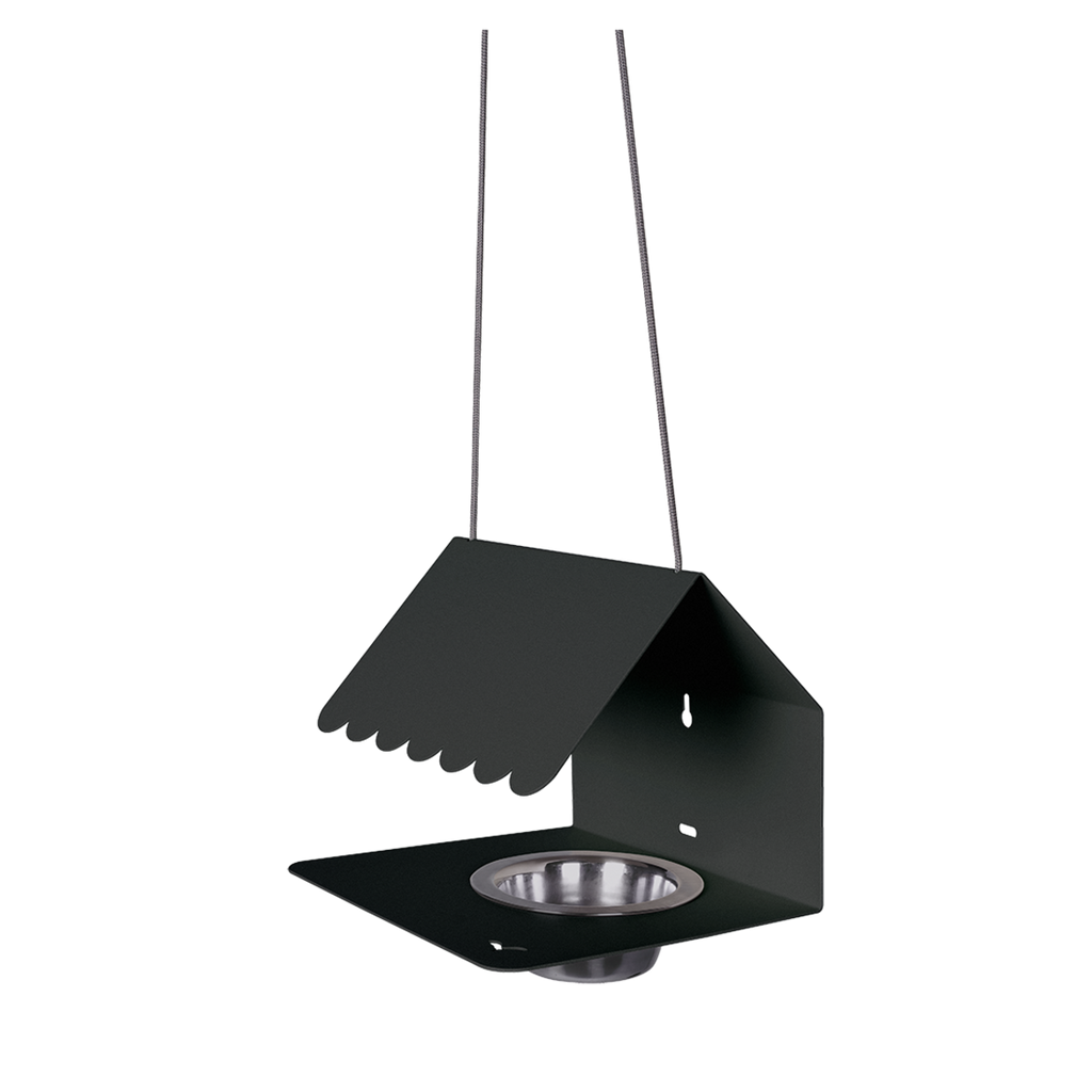 A black Picoti bird feeder with a stainless steel bowl, hanging from a cord.