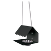 A black Picoti bird feeder with a stainless steel bowl, hanging from a cord.
