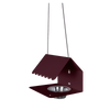 A dark red Picoti bird feeder with a stainless steel bowl, hanging from a cord.