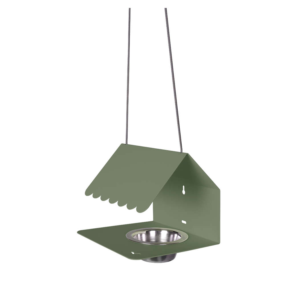 A green Picoti bird feeder with a stainless steel bowl, hanging from a cord.