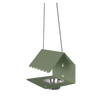 A green Picoti bird feeder with a stainless steel bowl, hanging from a cord.