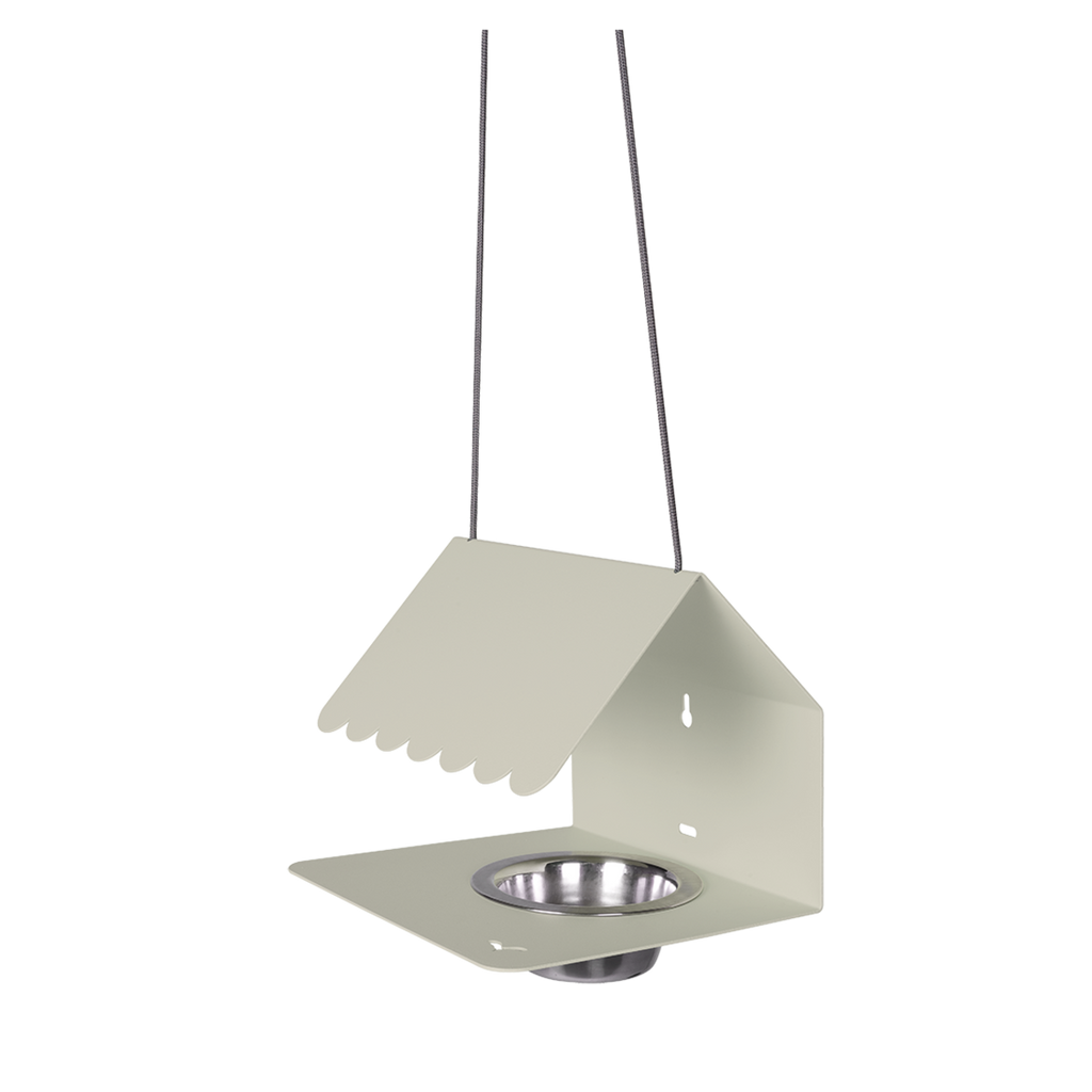 A grey Picoti bird feeder with a stainless steel bowl, hanging from a cord.