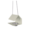 A grey Picoti bird feeder with a stainless steel bowl, hanging from a cord.