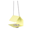 A yellow Picoti bird feeder with a stainless steel bowl, hanging from a cord.