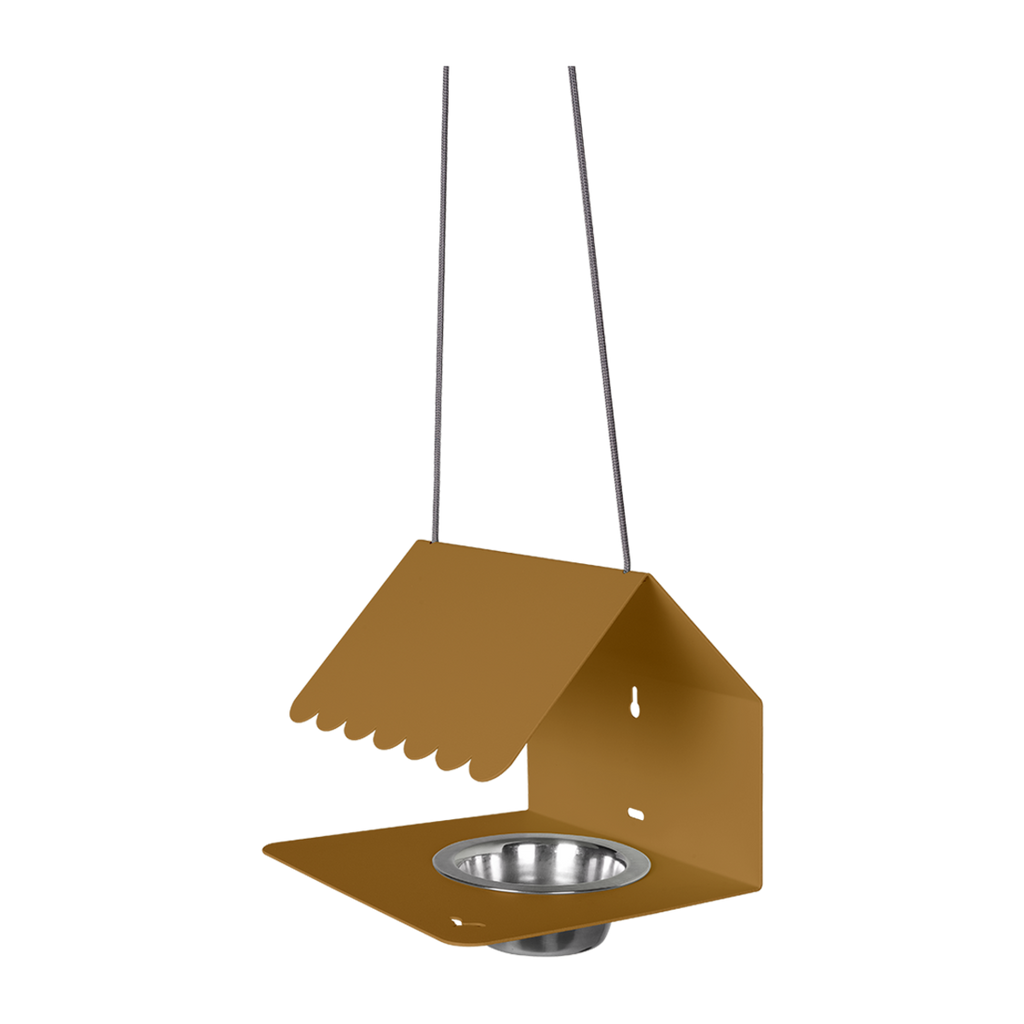 A brown Picoti bird feeder with a stainless steel bowl, hanging from a cord.