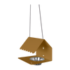 A brown Picoti bird feeder with a stainless steel bowl, hanging from a cord.