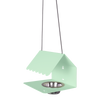 A green Picoti bird feeder with a stainless steel bowl, hanging from a cord.
