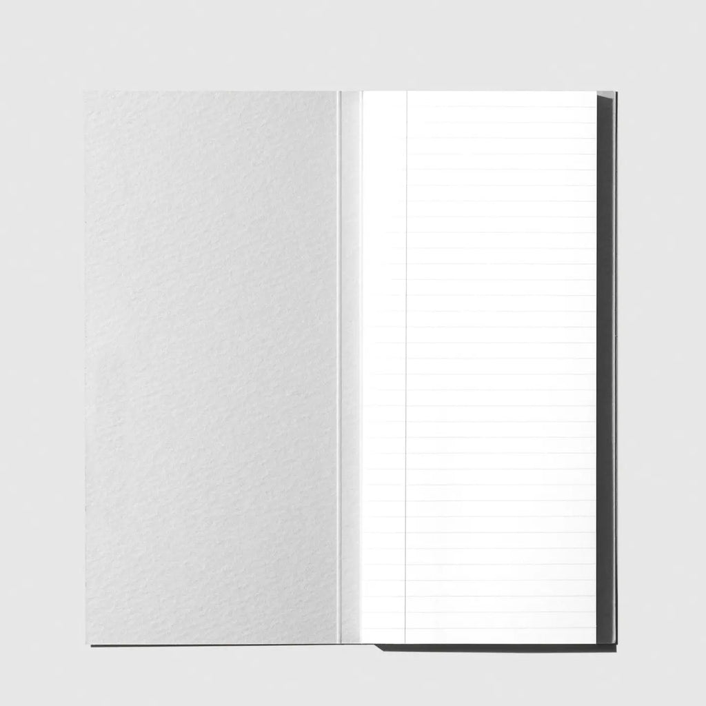 An open notebook or journal with a textured light gray cover on the left and white lined pages on the right, shown against a light gray background.