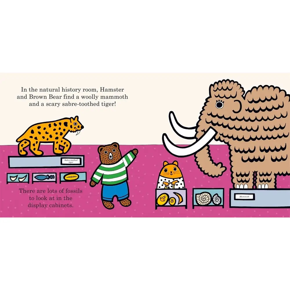 Illustration of animals in a natural history room with text.