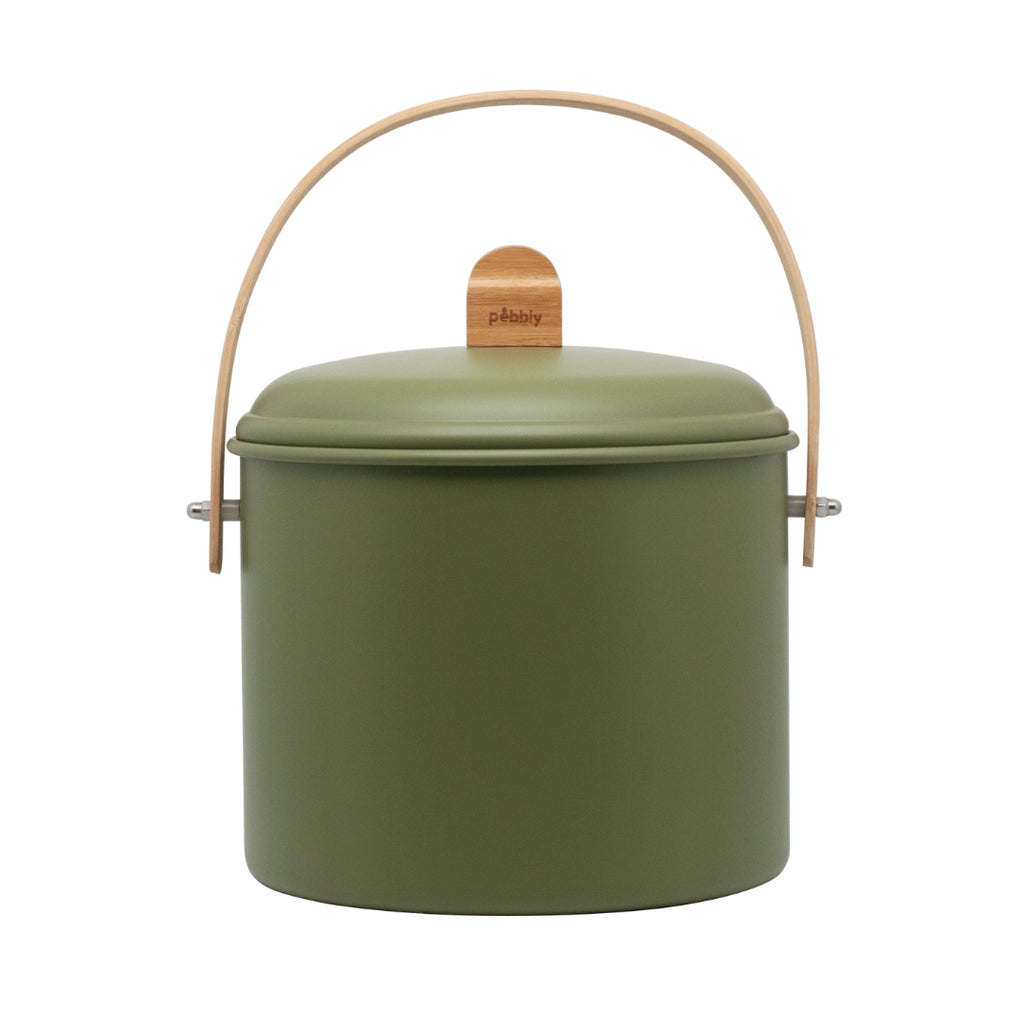 Green metal compost bin with wooden handle and lid on a white background