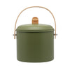 Green metal compost bin with wooden handle and lid on a white background
