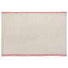 A rectangular cream-colored tea towel with thin red stripes along both short ends, shown flat against a white background.