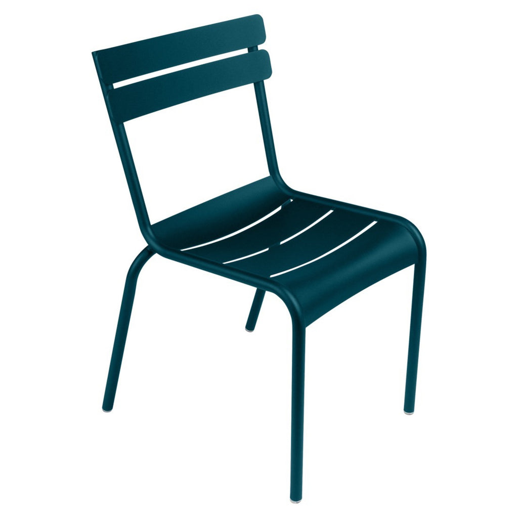 One teal Luxembourg side chair with tubular aluminum frame and curved aluminum slats.