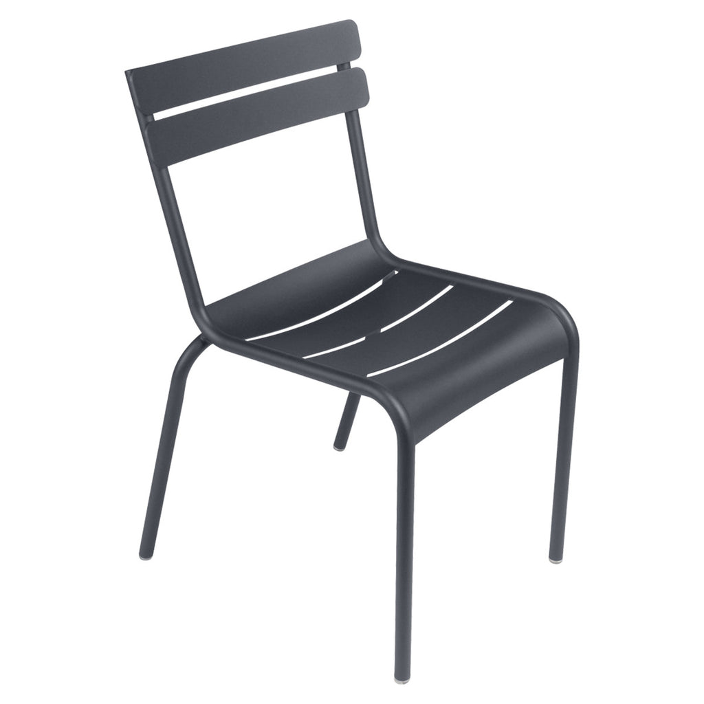 One dark gray Luxembourg side chair with tubular aluminum frame and curved aluminum slats.