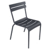 One dark gray Luxembourg side chair with tubular aluminum frame and curved aluminum slats.