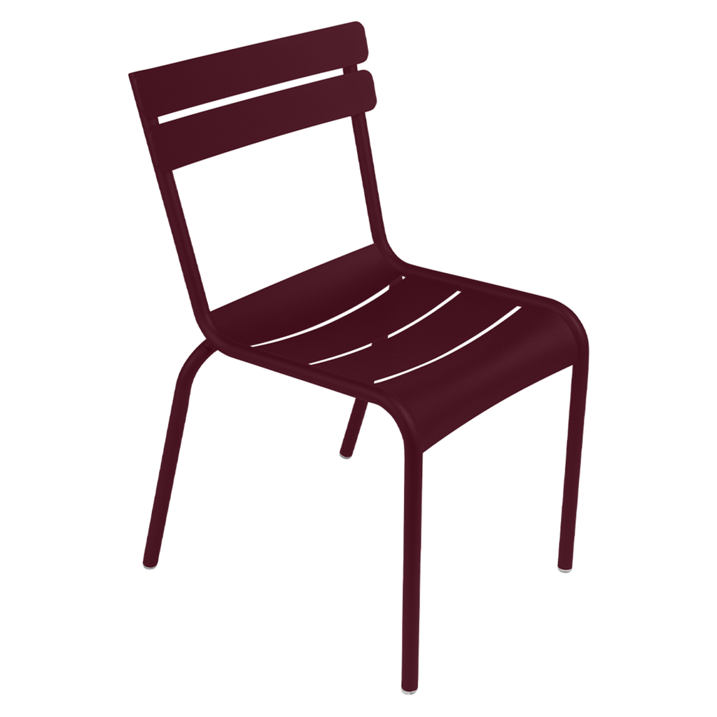 One dark red Luxembourg side chair with tubular aluminum frame and curved aluminum slats.
