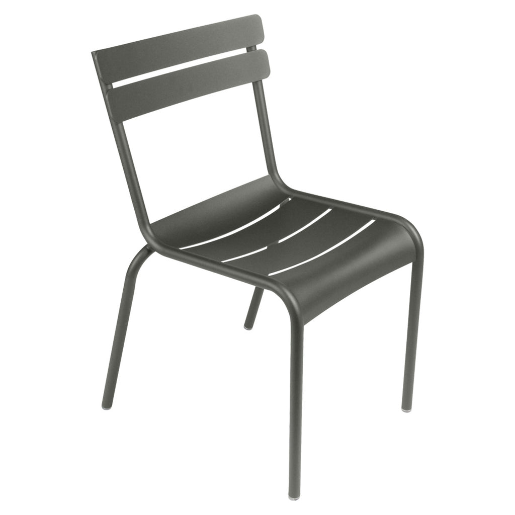 One gray Luxembourg side chair with tubular aluminum frame and curved aluminum slats.