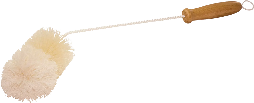 Cleaning brush with wooden handle and natural bristles on a white background