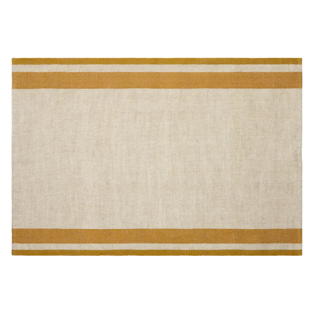 A rectangular woven tea towel with a natural beige linen-like center and two horizontal mustard yellow stripes near the top and bottom borders, shown flat against a white background.