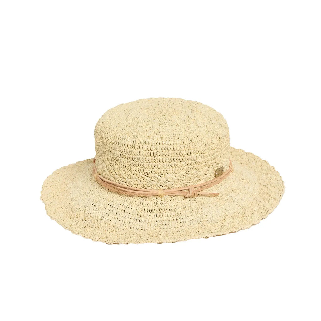 Beige straw hat with a wide brim on a white background